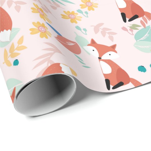 Cute Fox Floral Pink Design Cadeaupapier (Rol Hoek)