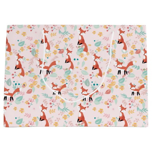 Cute Fox Floral Pink Design Groot Cadeauzakje (Voorkant)