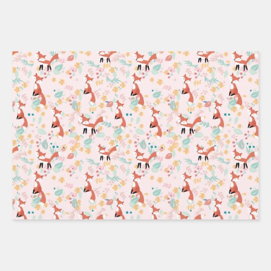 Cute Fox Floral Pink Design Inpakpapier Vel (Voorkant)