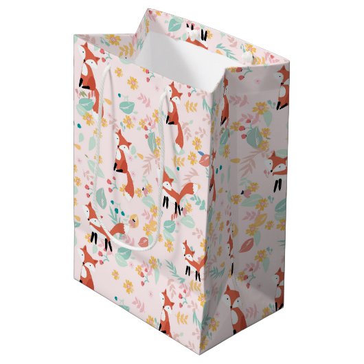 Cute Fox Floral Pink Design Medium Cadeauzakje (Voorkant Gekanteld)