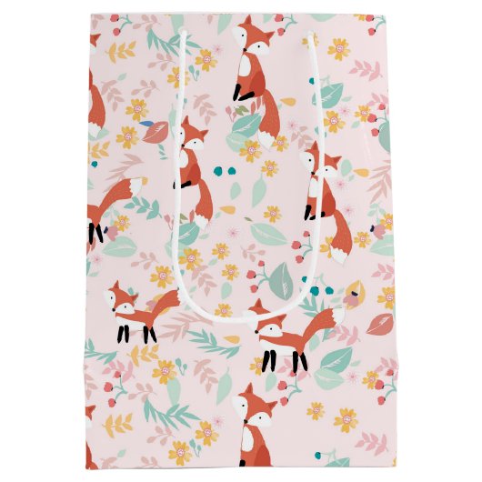 Cute Fox Floral Pink Design Medium Cadeauzakje (Achterkant)