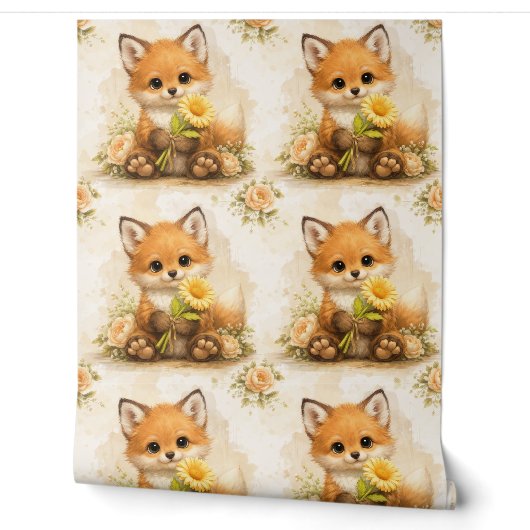 Cute Fox Flower Pattern Wallpaper Nursery Behang (Afrollen)