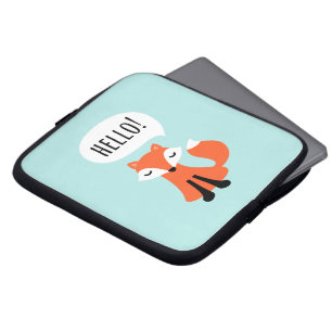 Cute fox gezegde hallo, blauwe achtergrond. laptop sleeve