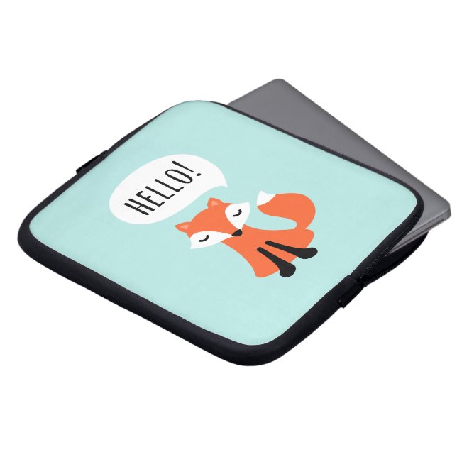 Cute fox gezegde hallo, blauwe achtergrond. laptop sleeve (Voorkant top)