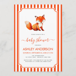 Cute Fox Girl Baby Shower Watercolor & Red Stripes Kaart