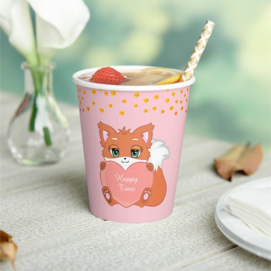 Cute Fox & Golden Confetti op Roze Papieren Bekers (Insitu)