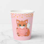 Cute Fox & Golden Confetti op Roze Papieren Bekers (Achterkant)