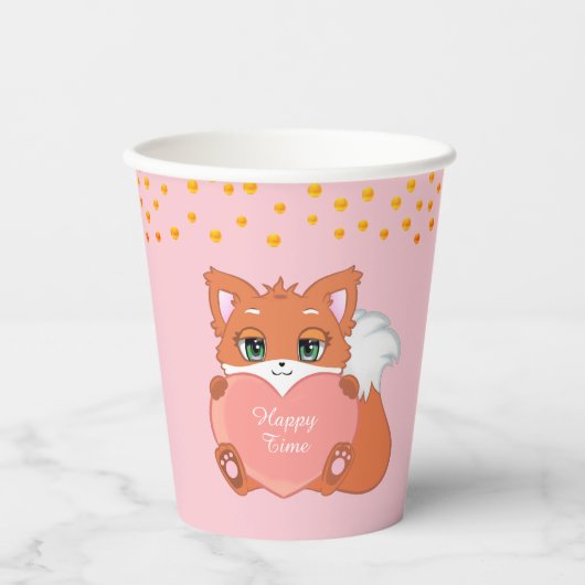 Cute Fox & Golden Confetti op Roze Papieren Bekers (Voorkant)