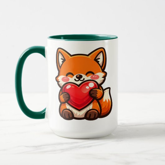 Cute Fox Heart Mug – Kawaii Fox with Red Heart  Mok (Links)