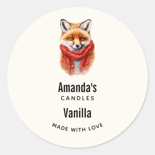 Cute Fox in a Red Scarf Autumn Candle Business Ronde Sticker (Voorkant)