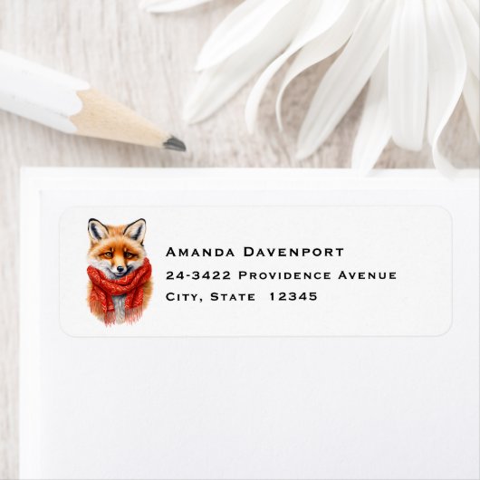 Cute Fox in a Red Scarf Autumn Image Address Etiket (Insitu)
