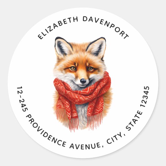 Cute Fox in a Red Scarf Autumn Image Address Ronde Sticker (Voorkant)
