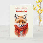 Cute Fox in a Red Scarf Autumn Image Birthday Kaart (Gele Bloem)