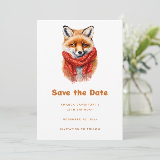 Cute Fox in a Red Scarf Autumn Image Birthday Save The Date (Staand voorkant)
