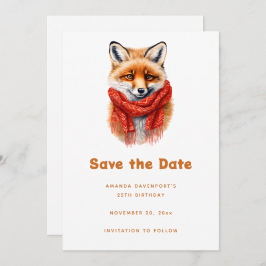 Cute Fox in a Red Scarf Autumn Image Birthday Save The Date (Voorkant / Achterkant)
