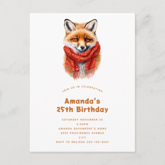 Cute Fox in a Red Scarf Autumn Image Birthday Uitnodiging Briefkaart (Voorkant)