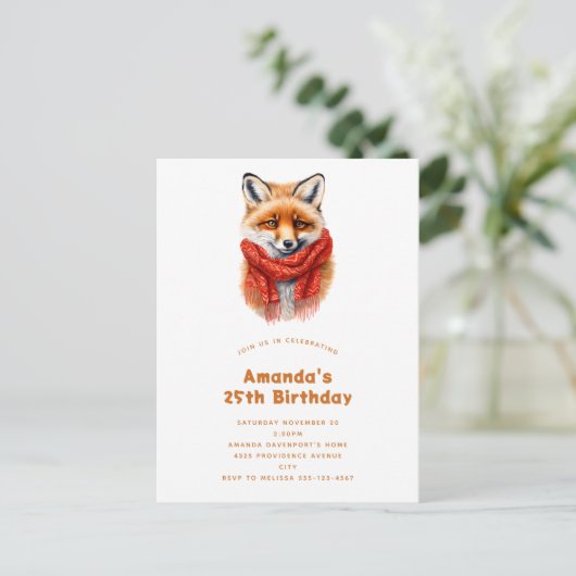 Cute Fox in a Red Scarf Autumn Image Birthday Uitnodiging Briefkaart (Staand voorkant)