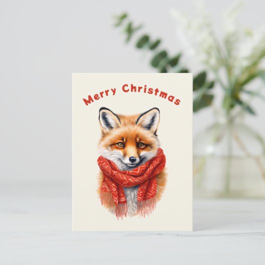 Cute Fox in a Red Scarf Autumn Image Feestdagenkaart (Staand voorkant)
