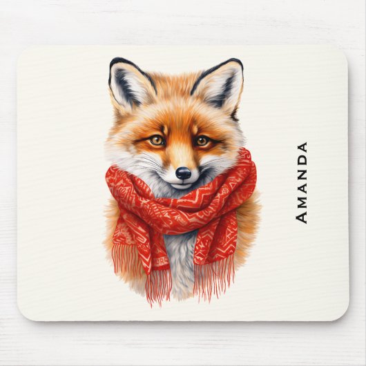 Cute Fox in a Red Scarf Autumn Image Muismat (Voorkant)