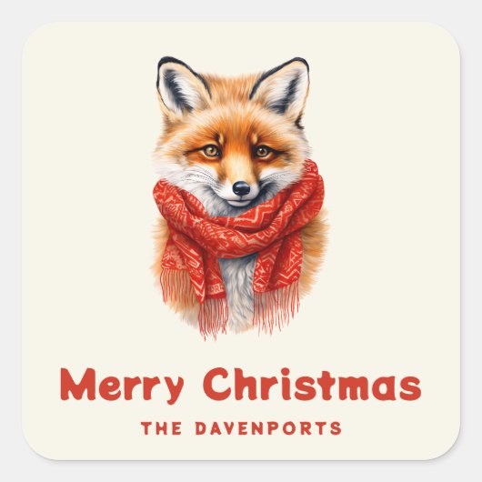 Cute Fox in a Red Scarf Winter Christmas Vierkante Sticker (Voorkant)