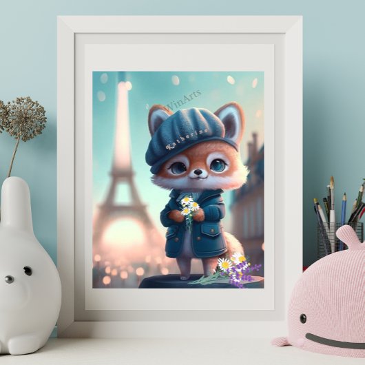 Cute Fox in Blue, Paris Eiffel Tower Personalized Poster