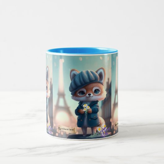 Cute Fox in Blue, Paris Eiffel Tower Personalized Tweekleurige Koffiemok (Center)