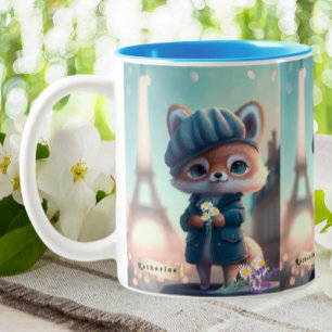 Cute Fox in Blue, Paris Eiffel Tower Personalized Tweekleurige Koffiemok