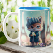 Cute Fox in Blue, Paris Eiffel Tower Personalized Tweekleurige Koffiemok