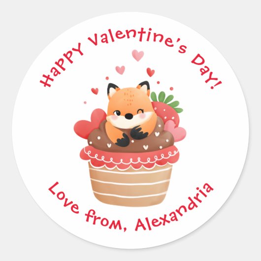 Cute Fox in Cupcake Aangepaste Kinder Valentijnsda Ronde Sticker (Voorkant)