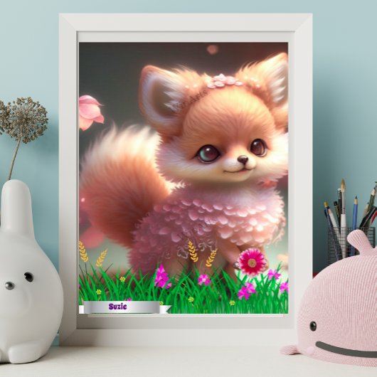 Cute Fox in de tuin van roze bloemen Aangepast Poster