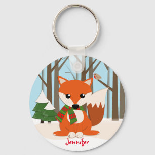 Cute Fox in een sneeuwwoud en aangepaste naam Sleutelhanger