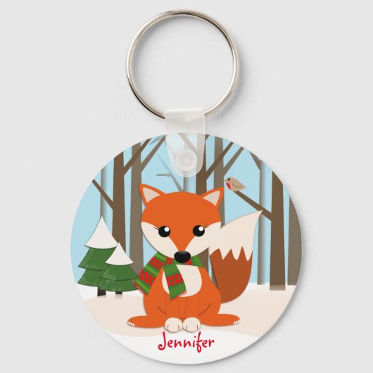 Cute Fox in een sneeuwwoud en aangepaste naam Sleutelhanger (Voorkant)