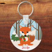 Cute Fox in een sneeuwwoud en aangepaste naam Sleutelhanger (Voorkant)