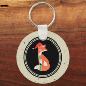 Cute Fox in kerstPet in een zwarte cirkel Sleutelhanger (Voorkant)