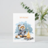 Cute fox in warm sweater roasting marshmallows,  feestdagenkaart (Staand voorkant)