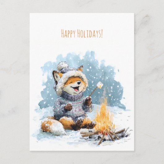 Cute fox in warm sweater roasting marshmallows,  feestdagenkaart (Voorkant)