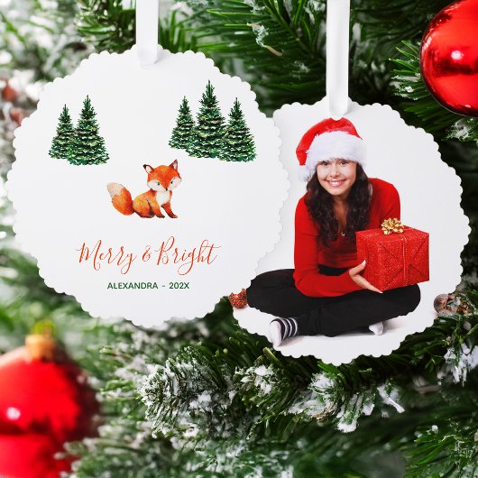 Cute Fox in Winter Woodland Merry and Bright Photo Ornament Kaart