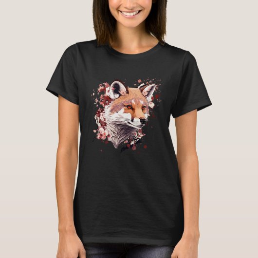 Cute Fox Japanese  Cherry Blossom Flower Artwork T-shirt (Voorkant)