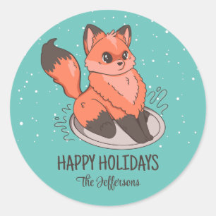 Cute Fox Kerstmis Snowy Winter Holiday Ronde Sticker
