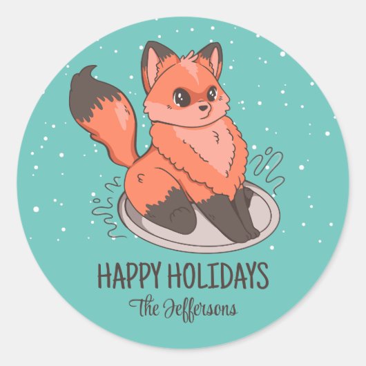 Cute Fox Kerstmis Snowy Winter Holiday Ronde Sticker (Voorkant)