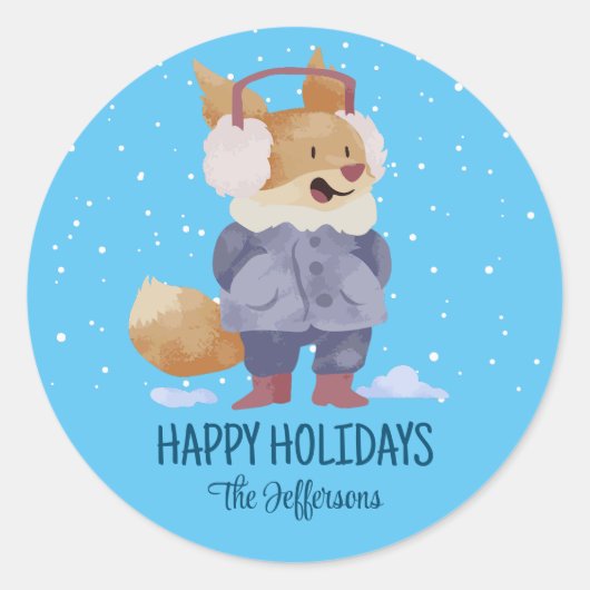 Cute Fox Kerstmis Snowy Winter Holiday Ronde Sticker (Voorkant)