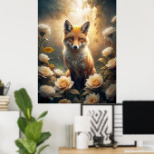 Cute Fox met bloemen Poster (Thuiskantoor)