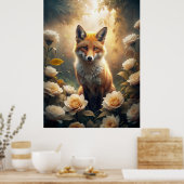 Cute Fox met bloemen Poster (Keuken)