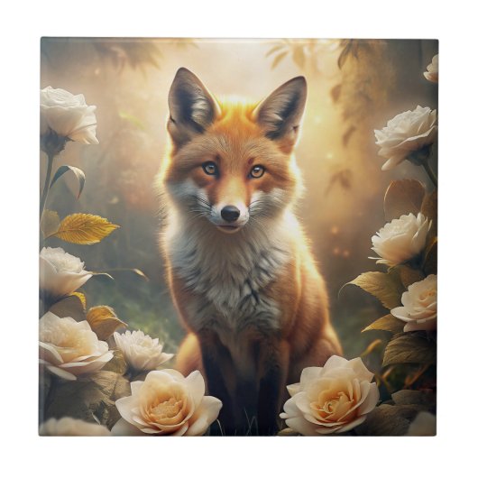Cute Fox met bloemen Tegeltje (Voorkant)