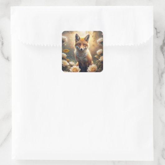 Cute Fox met bloemen Vierkante Sticker (Tas)