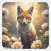 Cute Fox met bloemen Vierkante Sticker (Voorkant)