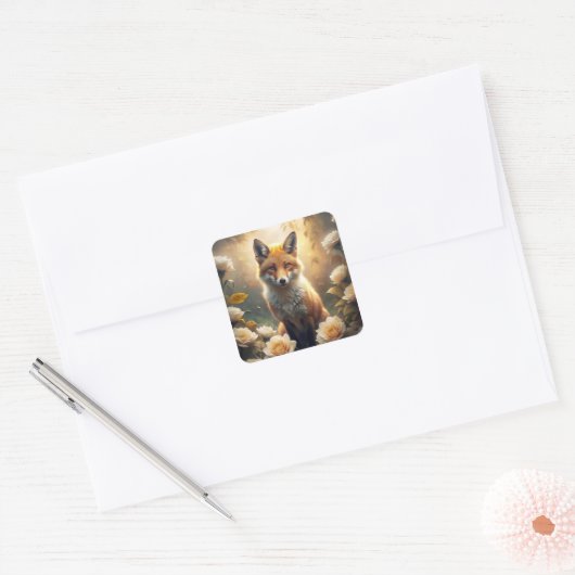 Cute Fox met bloemen Vierkante Sticker (Envelop)