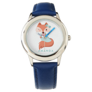 Cute FOX MET BLUE BOW EN MIRROR, speciaal geperson Horloge