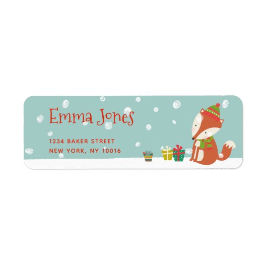 Cute Fox met Cadeaus | Aqua Green Kerstmis Etiket (Voorkant)