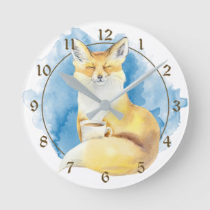 Cute Fox met Coffee Cup op Blue Ronde Klok